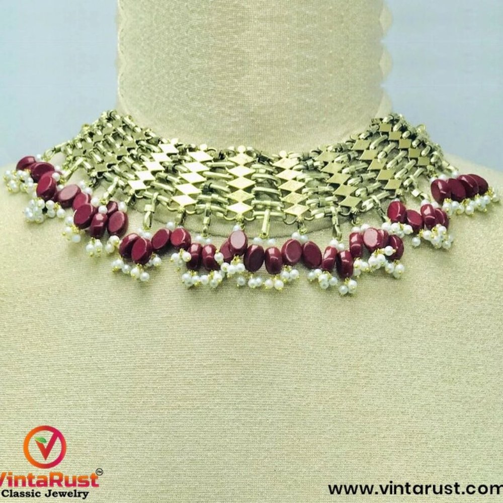 Woven Pearl Afghan Choker Necklace: Tribal Boho Beaded Necklace